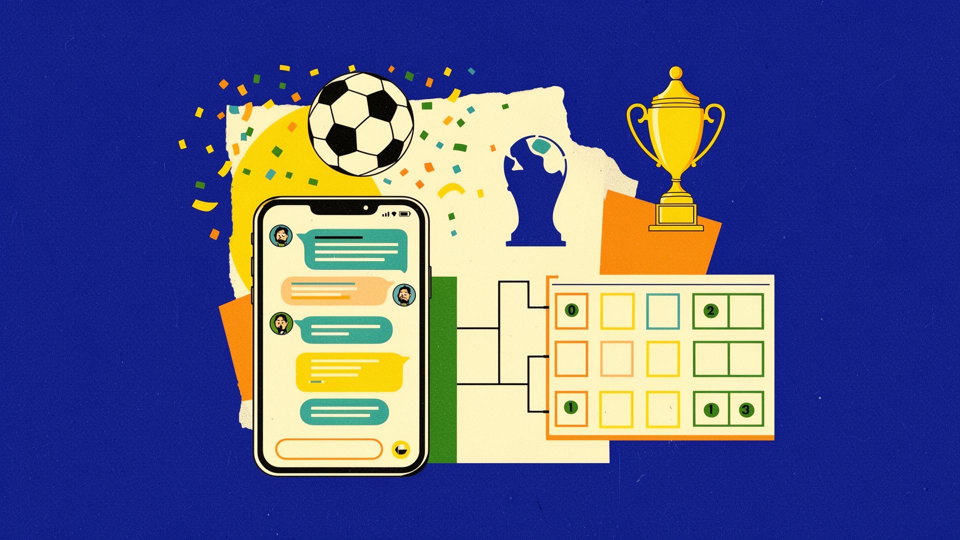 Ilustração colorida com celular, bola de futebol, troféu, confete e tabela de bolão.