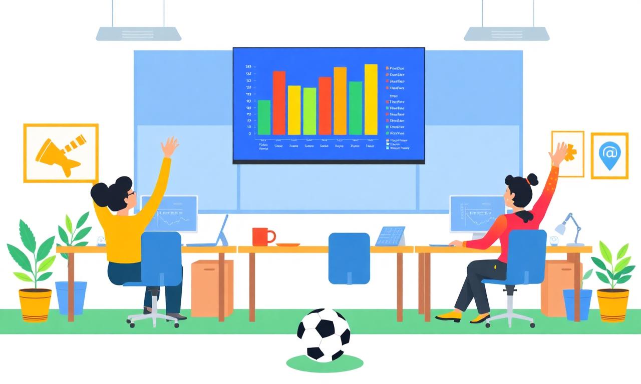 Ilustração de escritório com pessoas comemorando, telão com ranking colorido e bola de futebol no chão.