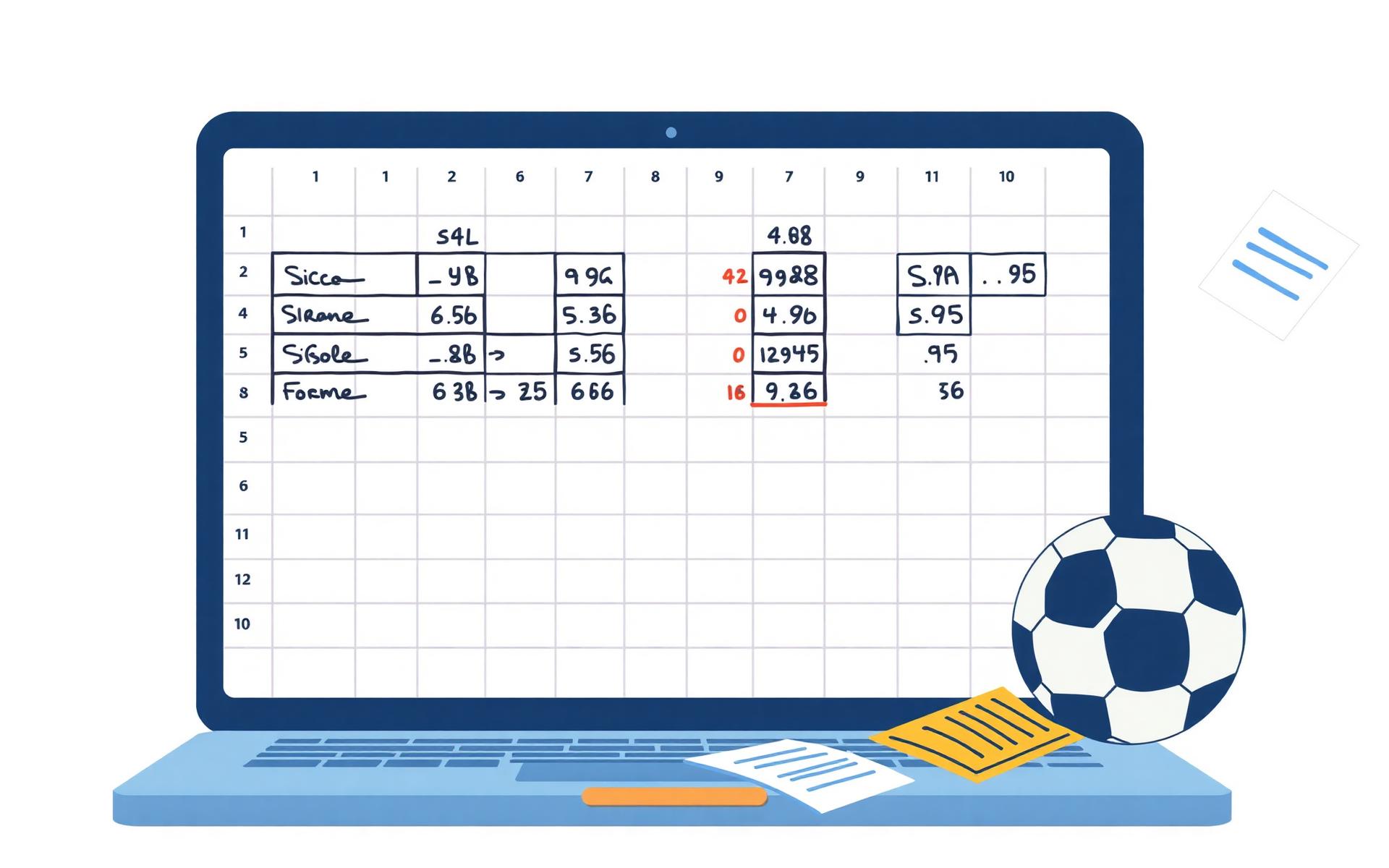 Ilustração de notebook com planilha de bolão, bola de futebol e papéis ao redor.
