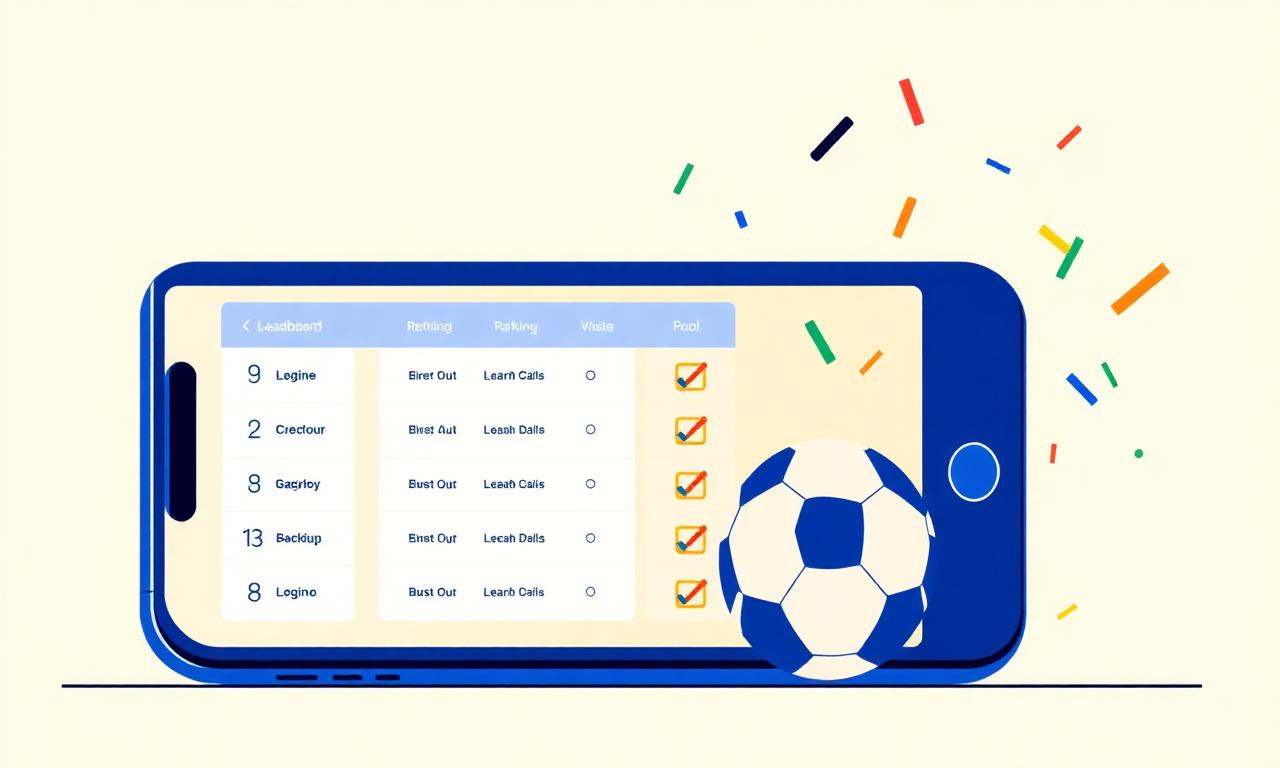 Ilustração de celular mostrando ranking de bolão com bola de futebol e confete colorido.