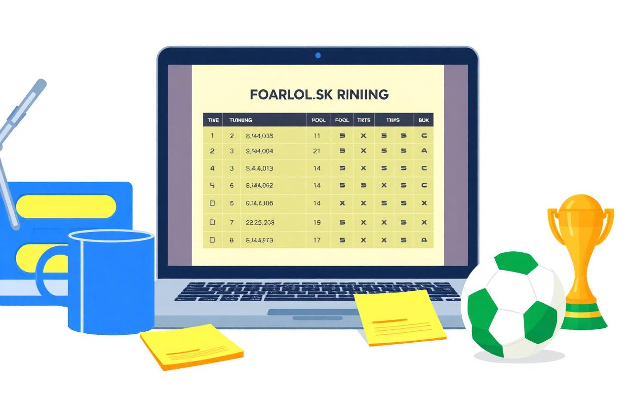 Ilustração de mesa de escritório com notebook mostrando ranking de bolão, caneca, post-its, bola de futebol e troféu.