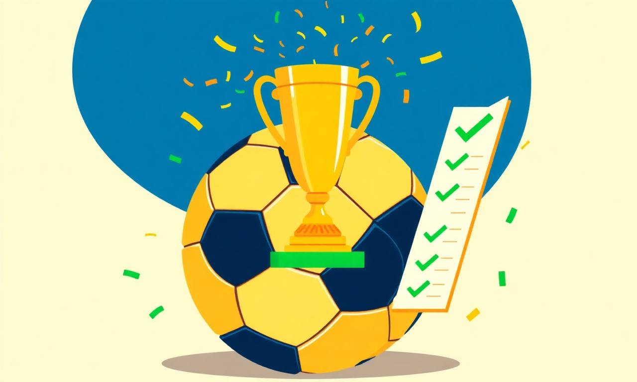 Ilustração de bola de futebol com troféu dourado, checklist com vistos verdes e confete colorido em fundo creme.