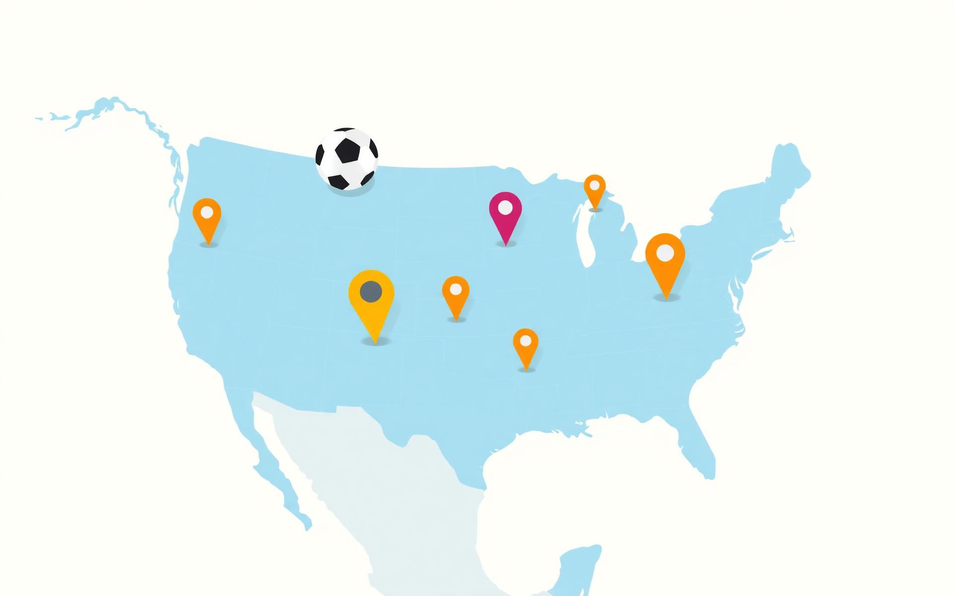 Ilustração do mapa da América do Norte com pinos e bola de futebol marcando as sedes da Copa 2026.