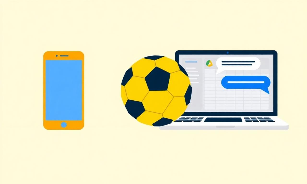 Ilustração de celular, notebook com planilha, balões de chat e bola de futebol em fundo creme.