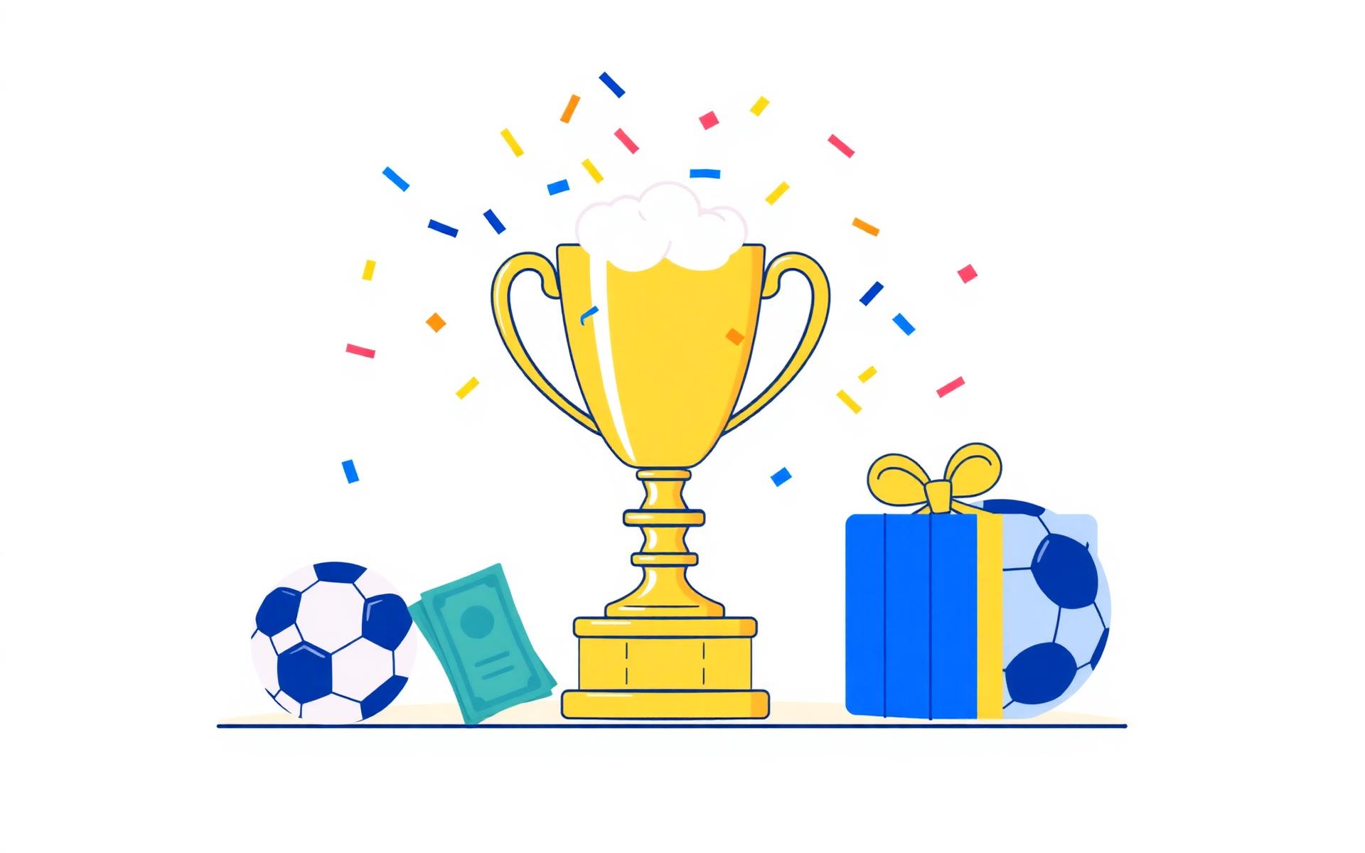 Ilustração de troféu dourado com confete, bola de futebol, dinheiro e caixa de presente.