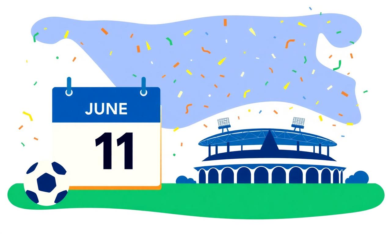 Ilustração de calendário marcando 11 de junho ao lado de bola de futebol e estádio com confete colorido.