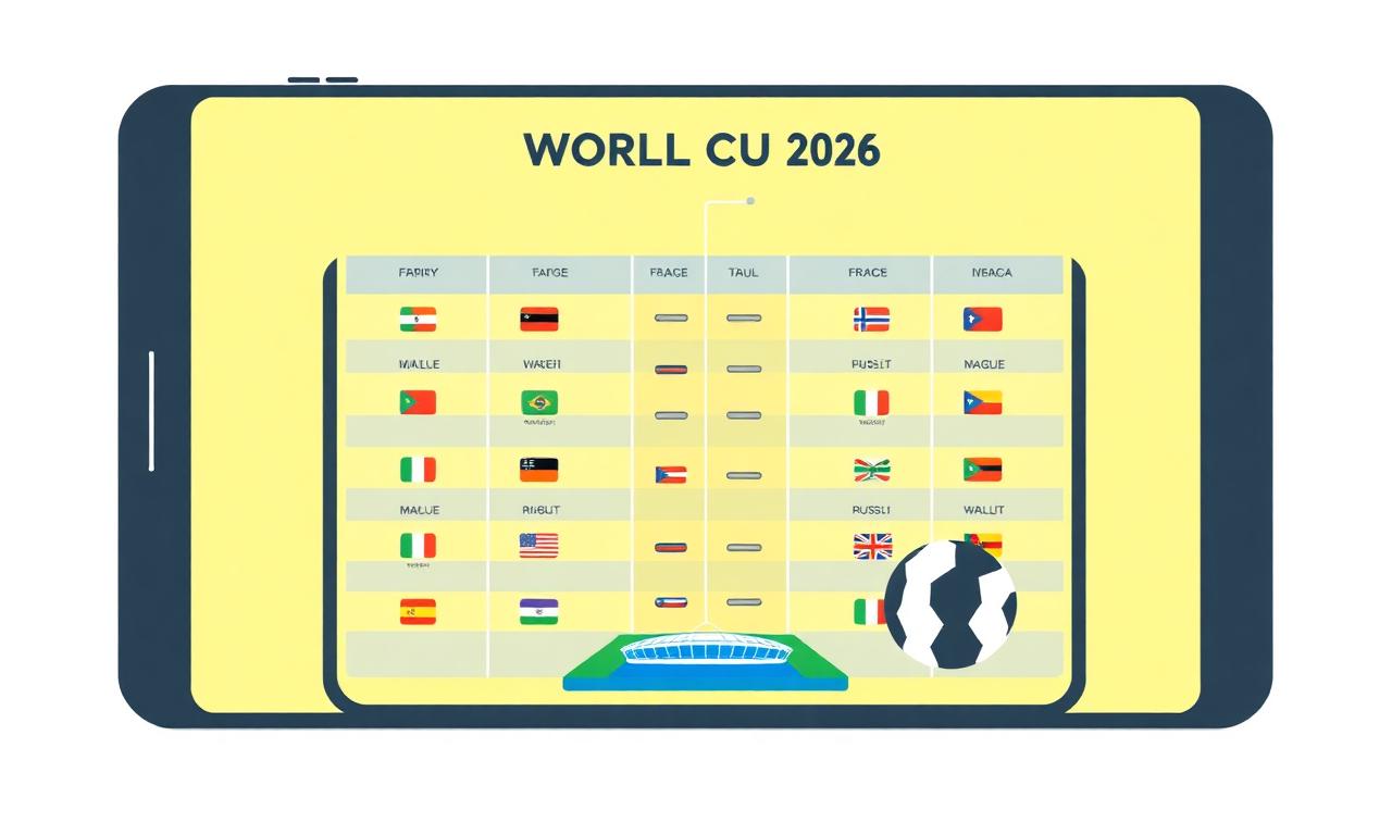 Ilustração de tablet mostrando tabela da Copa do Mundo 2026 com bandeiras e bola de futebol.