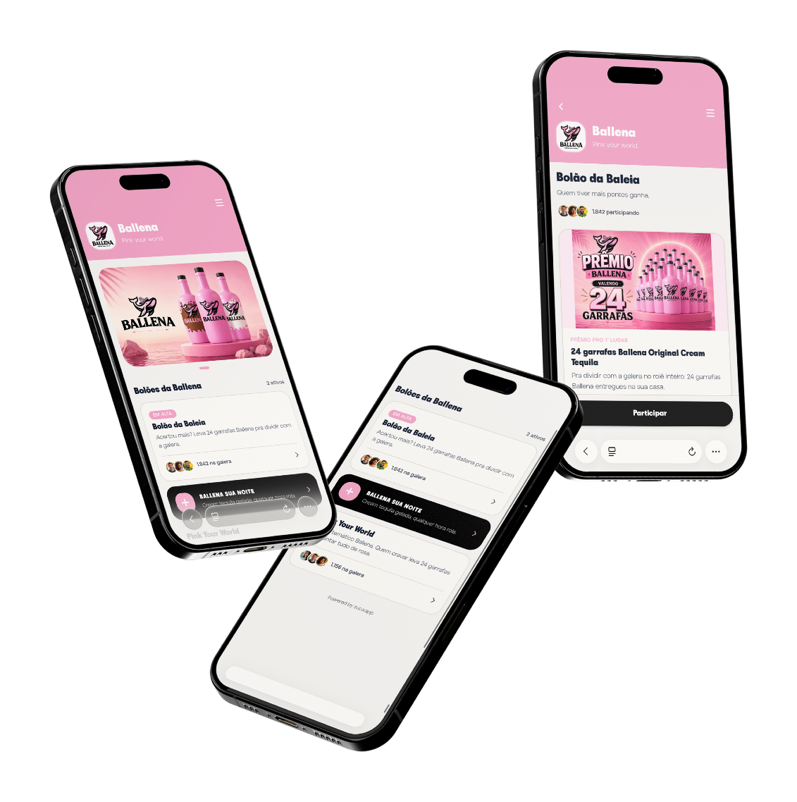 Mockups da página personalizada da marca dentro da Zuca, em três telas de celular